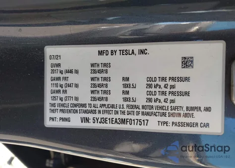 2021 Tesla Model 3 Standard Range Plus Rear-Wheel Drive from USA, damaged, VIN 5YJ3E1EA3MF017517